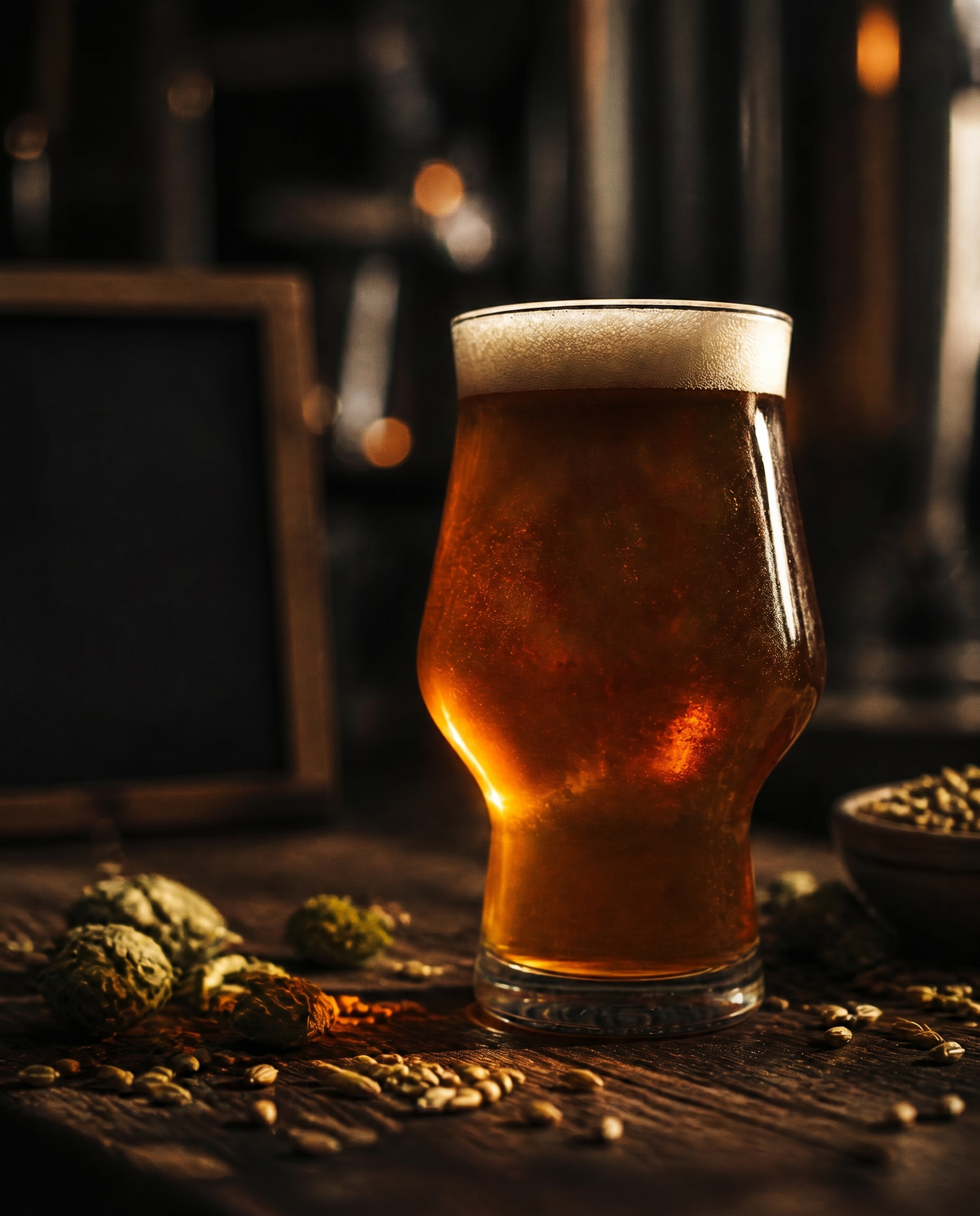 A backlit glass of amber craft ale on a wooden bar